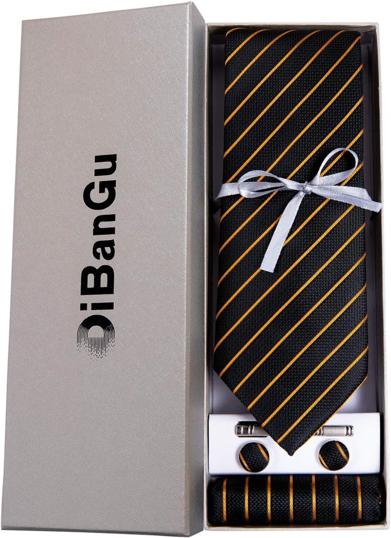 DiBanGu Mens Striped Tie Silk Woven Necktie and Pocket Square Cufflinks Tie Clip Set Wedding Business Formal Gift Tie for Men - Image 4